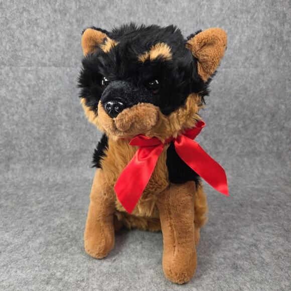 HugFun Rottweiler Dog Plush 14 Inch Brown Black Puppy Red Bow Stuffed Animal Toy - Picture 1 of 10